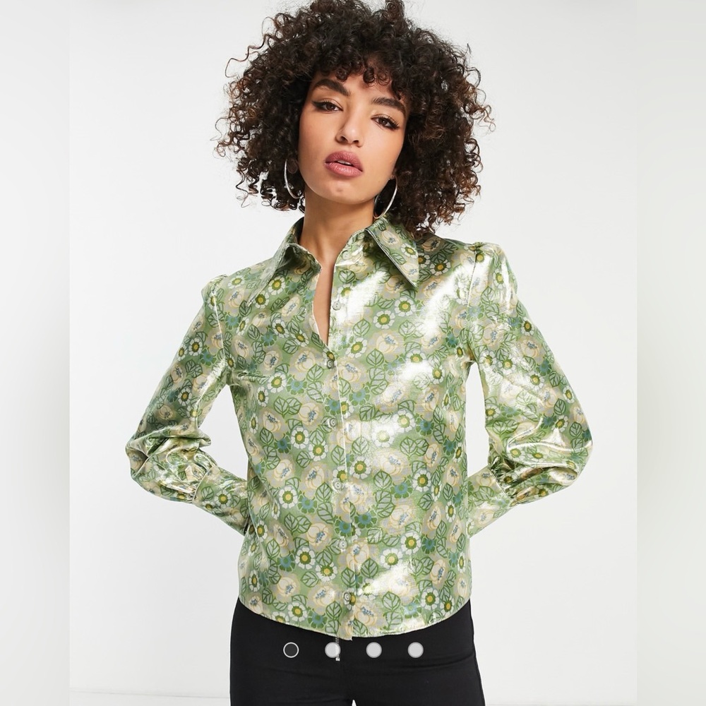 Topshop Metallic Green Floral Button Down Shirt